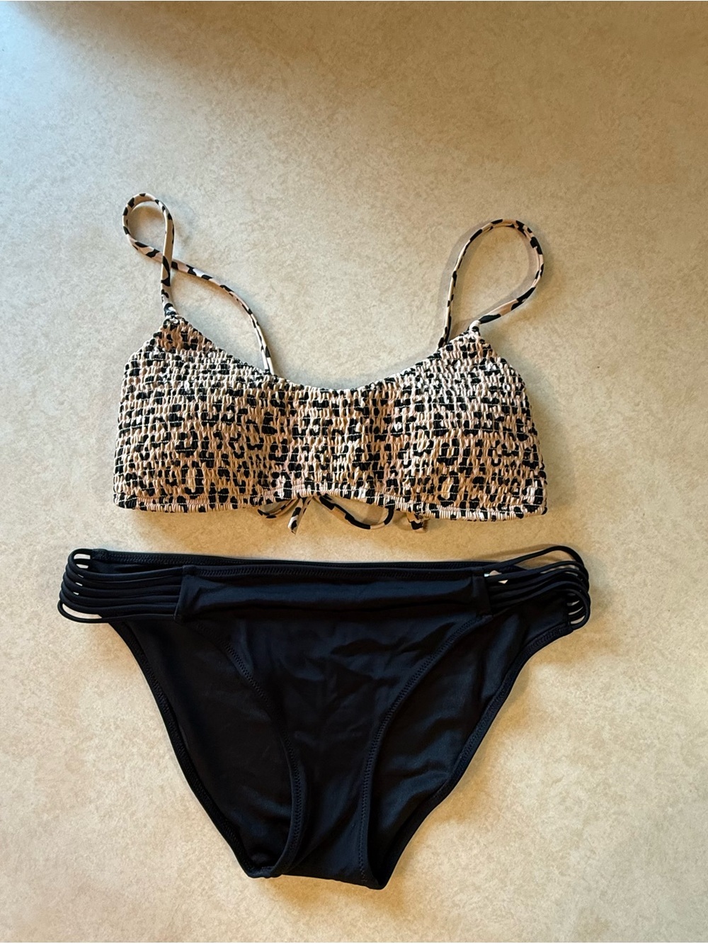 Hollister Leopard Smocked Bikini Top & Black Strappy Bottoms from Target
